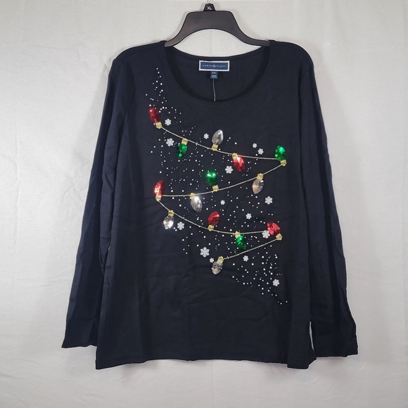 Karen Scott Graphic Christmas Holiday Lights T-shirt Black Large - Picture 2 of 5